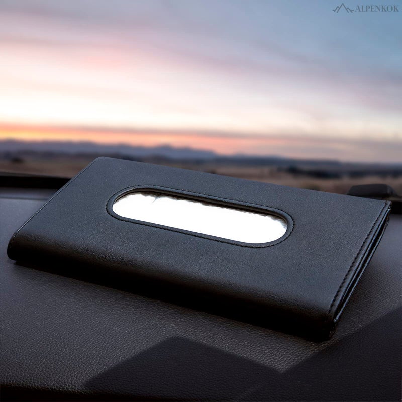 ALPENKOK Car Tissue Holder - Durable Tissue Holder in Car with Ergonomic Take-Out Port, Easy Access PU Leather Design (9.1" L x 1.5" W x 4.7" H) - Refillable Tissues Organizer Attached with Metal Clips - Image 5